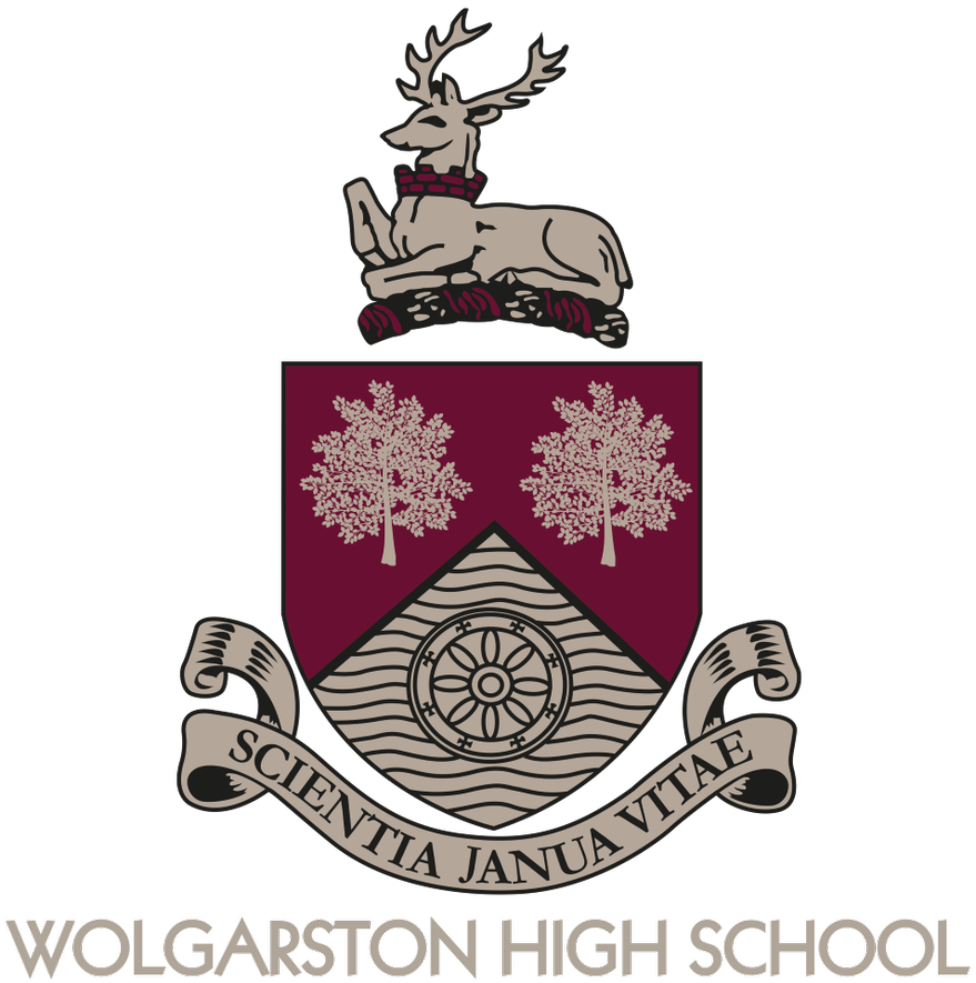 Wolgarston High School crest featuring a stag and shield with Latin motto, representing the school's identity in Penkridge, Staffordshire.