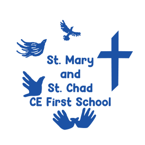 St Mary and St Chad CE First School logo featuring blue text, a cross, doves, and open hands, symbolising faith, learning, and community in Brewood, Staffordshire.