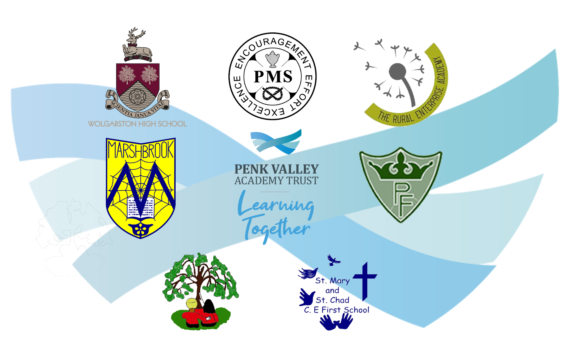 Graphic showcasing logos of schools and the Penk Valley Academy Trust, symbolising collaboration and tailored support through the Affiliate Membership Programme.