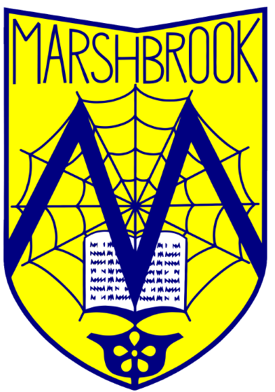 Marshbrook First School logo featuring a yellow shield with a blue 'M,' a spiderweb design, and an open book, symbolising education and creativity in Penkridge, Staffordshire