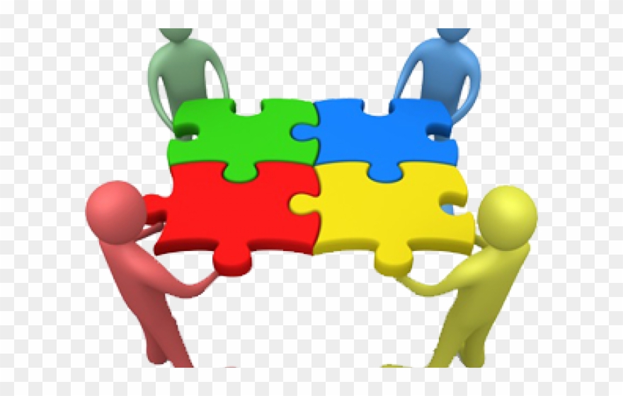 3D figures connecting colourful puzzle pieces, symbolising teamwork and collaboration.