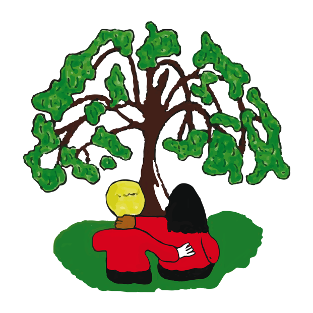 St John’s CE First School logo featuring a tree with green leaves, two children reading a red book beneath it, symbolising growth, learning, and community values in Bishops Wood, Staffordshire.